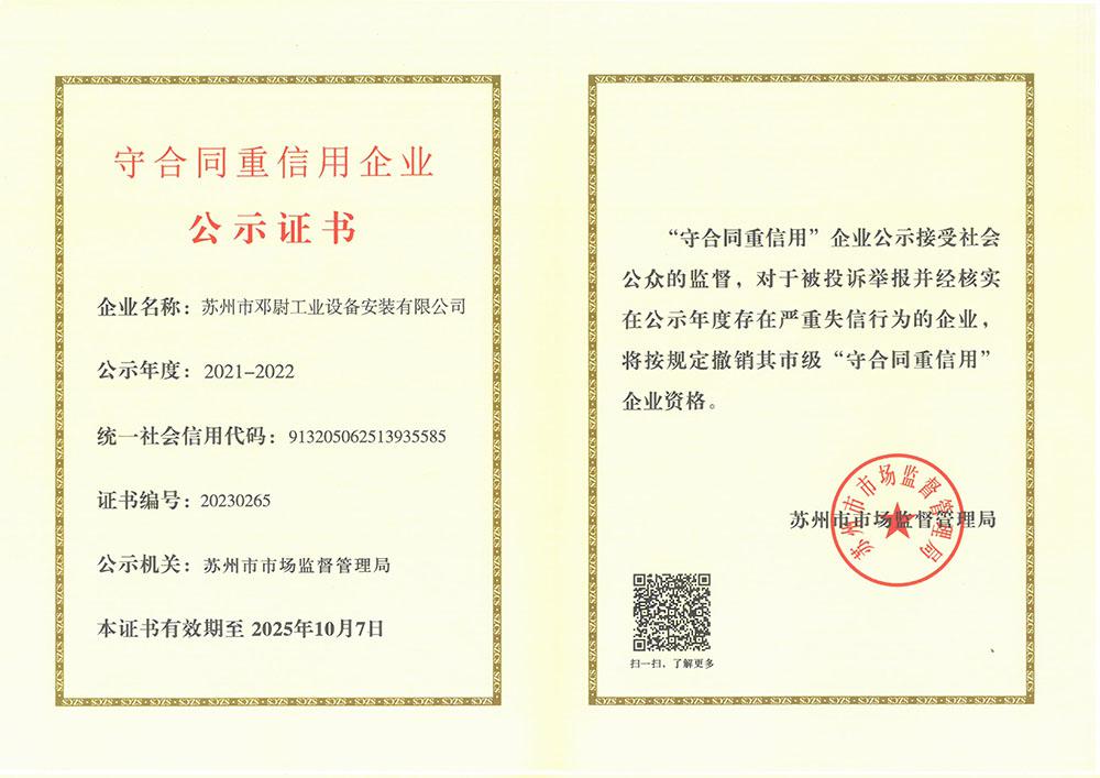 市守合同重信用证书